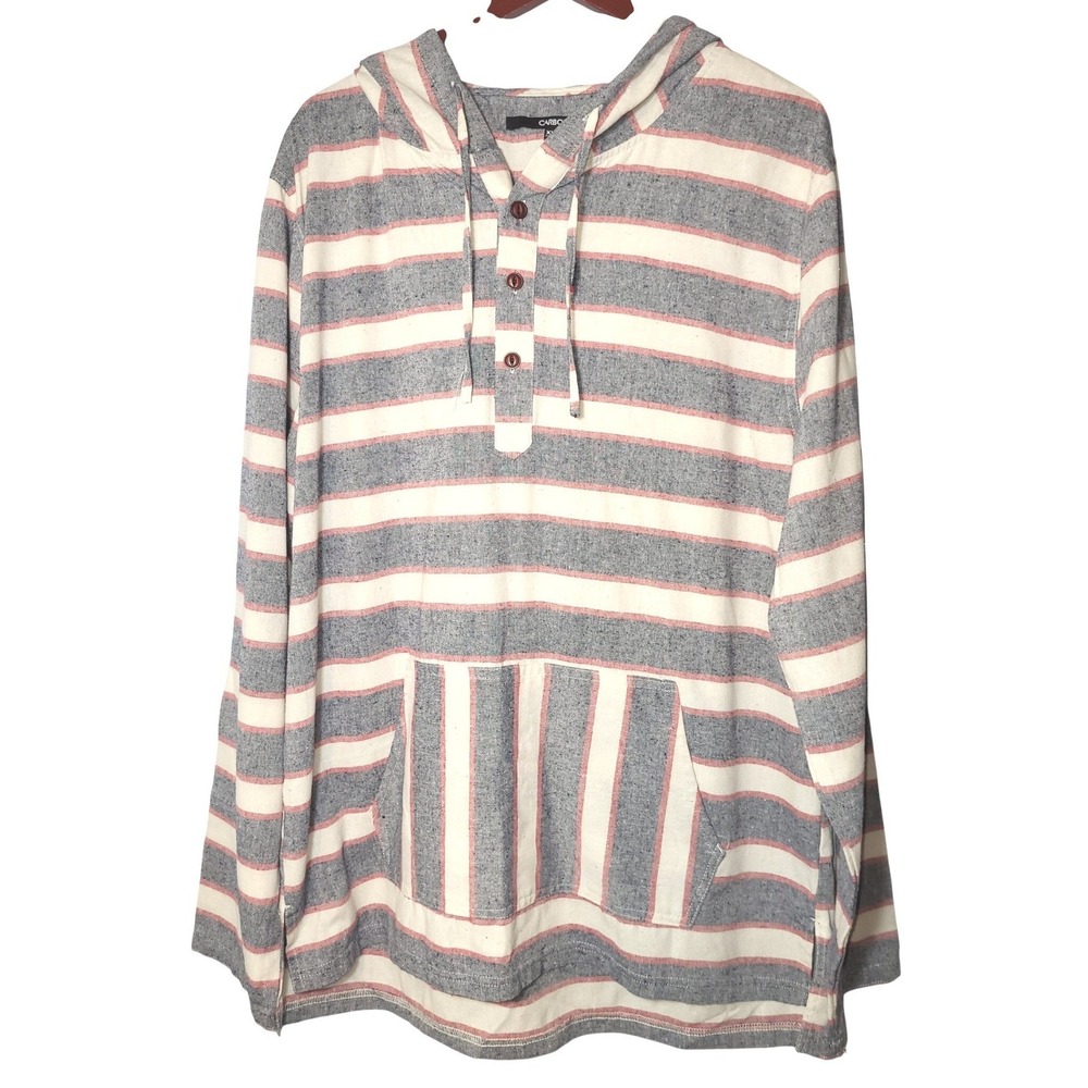 Carbon Mens XXL Striped Henley Hoodie Blue/White/Red Long Sleeve Woven Pullover